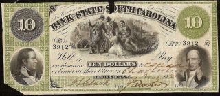 1861 $10 Dollar Bill South Carolina Bank Note Large Currency Old Paper Money