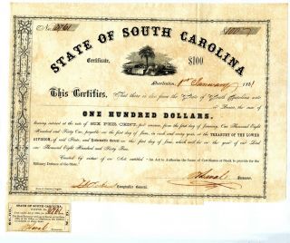 1861 $100 Charleston,  State Of South Carolina.  Military Defense Bond.  Cr 60a