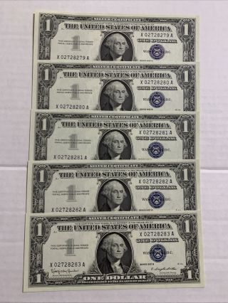 5 Consecutive 1957 B $1 Dollar Bill Silver Certificate Blue Seal