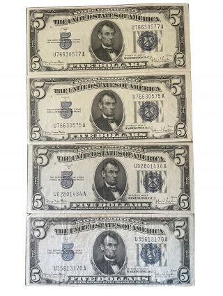 Circulated 1934 D Five Dollar Bills (4)