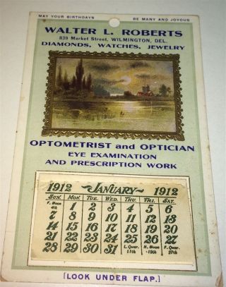 Rare Antique American Medical Optometrist Advertising Calendar C.  1912 Delaware
