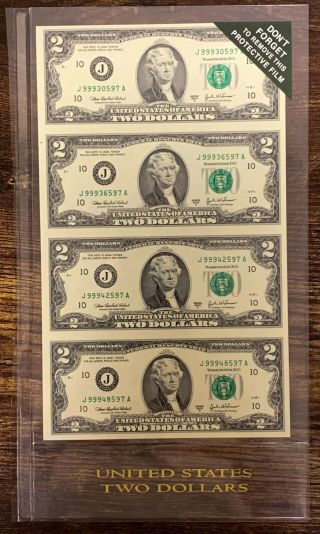 2003 Series A 1 Set Of 4 Uncut Two Dollar Bills $2 Protective Sleeve 92