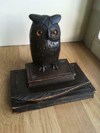 Antique Black Forest Carved Wood Owl Inkwell