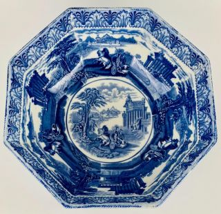 Antique Cauldon Hexagonal Fruit China Bowl Chariot Pattern Blue & White C1910