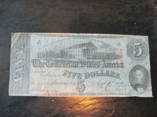 1863 Confederate Richmond Five Dollars $5 Note Bill Currency Civil War Money
