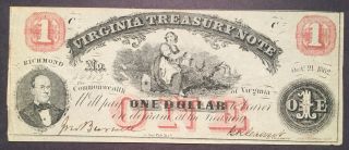 1862 - Virginia Treasury Note - 1 Dollar