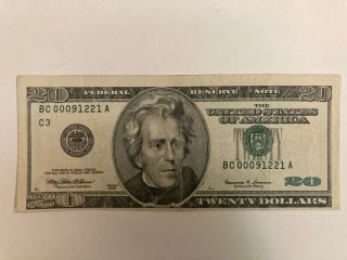 1999 20 Dollar Bill Offset Error Federal Reserve Note Paper Money