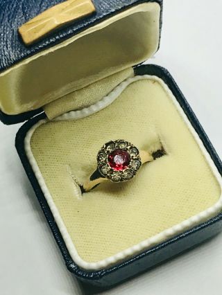 Antique Early To Mid - Victorian Yellow Metal And Ruby Paste Cluster Ring,  Size K