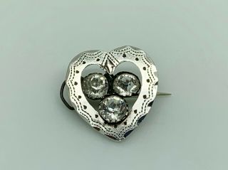 Gorgeous Antique Victorian 1896 Sterling Silver Diamond Paste Heart Brooch