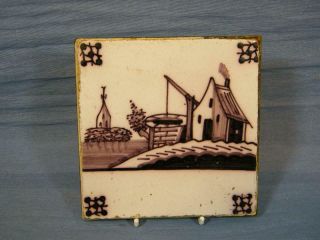 Antique Early 18c Dutch Delft Manganese Tile,  Church & House & Well Scene