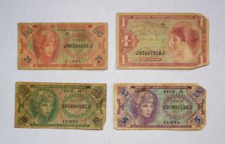 Vintage Military Payment Certificates - Vietnam Era - 1 Dollar,  25,  10 & 5 Cent