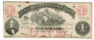 1862 Richmond Virginia Treasury Note $1 Obsolete Currency
