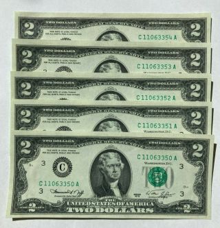 5 Consecutive 1976 ($2) Two Dollar Bills – Crisp - Uncirculated - Philadelphia