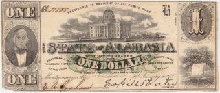 1863 The State Of Alabama One Dollar Obsolete Note Currency - Civil War Era