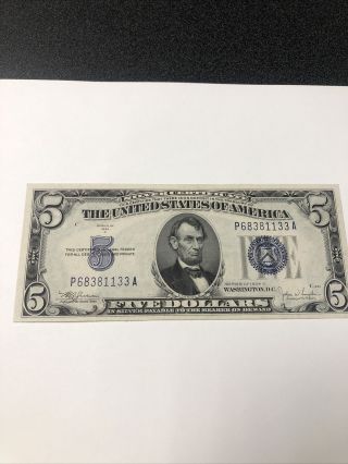 1934 C $5 Silver Certificate Note Blue Seal ; Choice