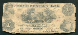 1861 $1 The North Western Bank Warren Pennsylvania Obsolete Currency Note