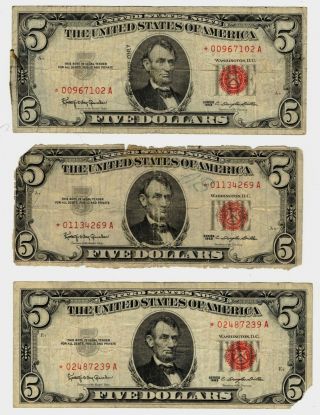 3 1963 $5.  00 Red Seal United States Legal Tender Star Notes Lower Grades