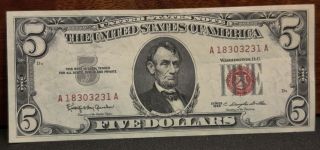 1963 Red Seal $5 Dollar Bill Legal Tender Note Crisp Xf - Au