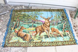 Vintage 70 " Wall Hanging Tapestry Deer Family In The Woods Wild Life Elk Animal