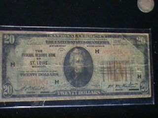 1929 $20 St.  Louis Missouri Fed Reserve Bank Note Brown National Currency