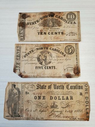 North Carolina Ten 10 Cents 1862,  Five 5 Cents 1863,  One 1 Dollar 1861 Paper