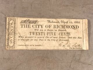 City Of Richmond April 14,  1862 Confederate Bank Note 25 Cents 5085