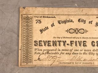 CITY OF RICHMOND APRIL 14,  1862 CONFEDERATE BANK NOTE 75 CENTS 8092 2