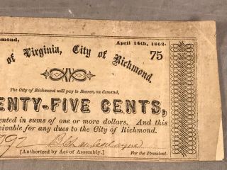 CITY OF RICHMOND APRIL 14,  1862 CONFEDERATE BANK NOTE 75 CENTS 8092 3