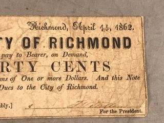 CITY OF RICHMOND APRIL 14,  1862 CONFEDERATE BANK NOTE 30 CENTS 5085 3