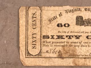 CITY OF RICHMOND APRIL 14,  1862 CONFEDERATE BANK NOTE 60 CENTS 8600 2