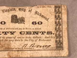 CITY OF RICHMOND APRIL 14,  1862 CONFEDERATE BANK NOTE 60 CENTS 8600 3