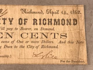 CITY OF RICHMOND APRIL 14,  1862 CONFEDERATE BANK NOTE 10 CENTS 77335 3