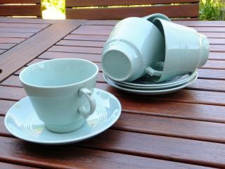 Vintage Woods Ware Beryl (green) 4 X Large Breakfast Cups And Saucers