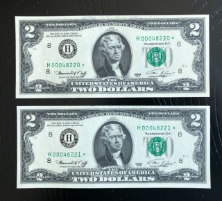Two $2 1976 Star H (st Louis) Consecutive Notes