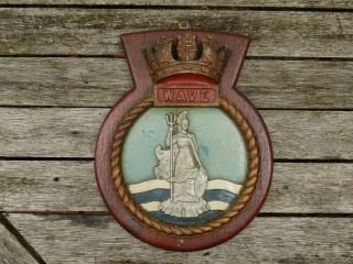 Vintage Hms Wave Ww2 Royal Navy Minesweeper Metal Ships Tampion Plaque Crest
