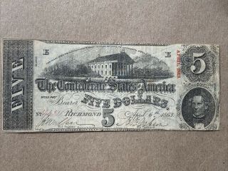 1863 $5 Five Dollar Confederate Currency Paper Money Bill Note