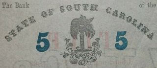 1863 Bank State Of South Carolina Civil War Era 5 Cents Note Obsolete Currency