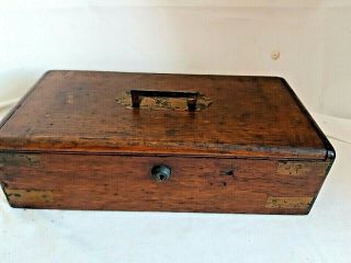 Antique/vintage Oak Oblong Box With Brass Hinged Lid And Brass Handle