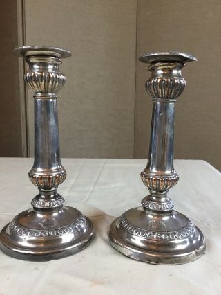 Pair Antique C19th Sheffield Silver Plated On Copper 8’ Tall Candlesticks