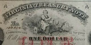 1862 Virginia Treasury Note $1 One Dollar Civil War Era Banknote Currency