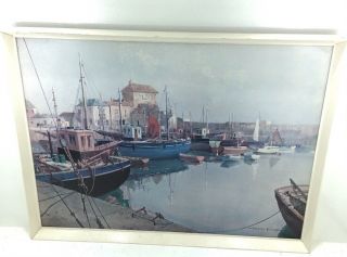 Vintage Retro Vernon Ward Large Silent Harbour Mevagissey Framed Picture