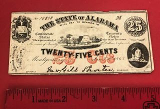1863 State Of Alabama 25 Cents Montgomery Confederate States