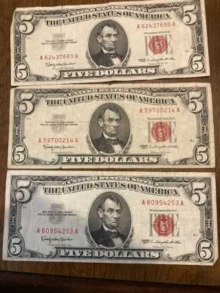 (3) 1963 5 Dollar Red Seal United States Notes