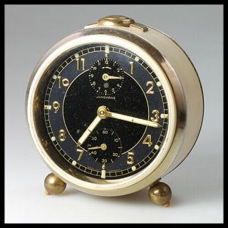 Junghans Germany Metal Brass Cream Beige Black Mechanical Wind Up Alarm Clock