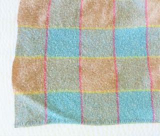 Large Vintage Wool Blend Blanket 80x92 Light Blue & Brown Plaid 2
