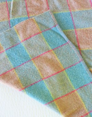Large Vintage Wool Blend Blanket 80x92 Light Blue & Brown Plaid 3