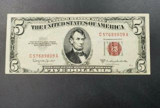 1953 C $5 Five Dollar United States Red Seal Note E Block C Vf Circulated