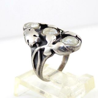 VTG Antique Sterling Silver Arts and Crafts Pearl Modernist Ring Sz 3.  5 LHJ5 2