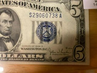 1934 - D $5 Five Dollar Bill Bank Note - Uncirculated Blue Seal Currency USA 2