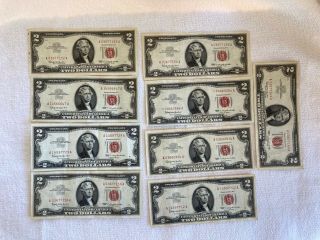 Nine 1963 $2 Bills (one Star Note,  Many Low Serial Numbers,  Two Consecutive)